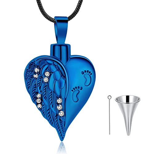 AIWENXI Cremation Angel Wing Heart Urn Necklace with Footprint for Ashes Jewelry for Women Men Keepsake Pendant Memorial Locket