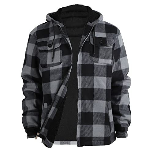 Men Heavy Thick Plaid Flannel Shirts Sherpa Lined Buffalo Coat Fleece Warm Winter Zipper Jacket with Hood Grey XL