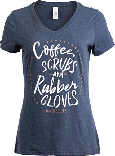 Coffee, Scrubs, Rubber Gloves | Funny Doctor Nurse Cute V-Neck T-Shirt for Women-(Vneck,L)