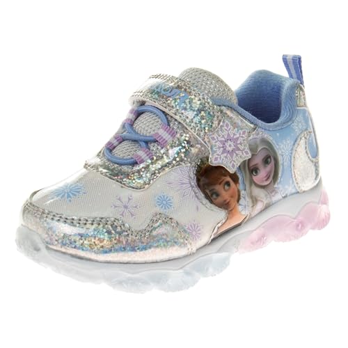 Disney Frozen LED Light up Shoes for Girls - Princess Anna and Elsa Lightweight Breathable Tennis Running Sneakers - Blue/Silver (Size 9 Toddler)