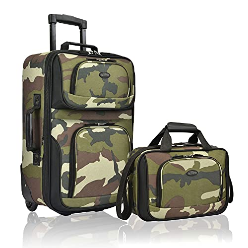 U.S. Traveler Rio Rugged Fabric Expandable Carry-on Luggage, 2 Wheel Rolling Suitcase, Camouflage, Set