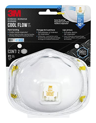 3M N95 Respirator 9511, Cool Flow Valve, 2 Pack, NIOSH-APPROVED, Advanced Filter Media For Easy Breathing, Comfortable For Long Periods Of Wear, Helps Filter Pollen, Mold Spores & Dust (8511PA1-2A-PS)