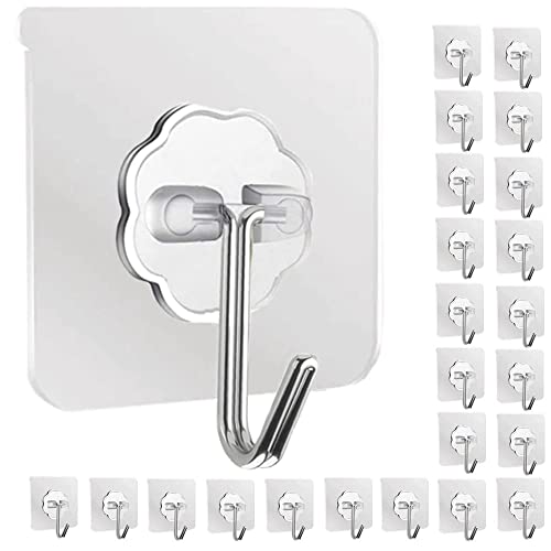 DDMY Adhesive Hooks Wall Hooks Adhesive Strips- 24 Packs Transparent Reusable Seamless Hooks 13.2LB(Max), Waterproof Bathroom Kitchen Heavy Duty Self Adhesive Hooks