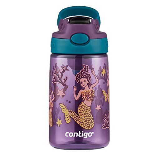 Contigo Aubrey Kids Cleanable Water Bottle with Silicone Straw and Spill-Proof Lid, Dishwasher Safe, 14oz, Purple Mermaid