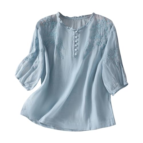 Women's Cotton Linen Summer Button 3/4 Sleeve Shirts Summer Crew Neck Casual Boho Top Vintage Embroidery Blouse Tops Blue