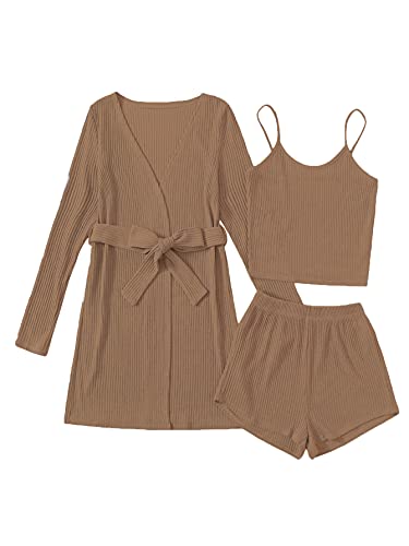 Verdusa Women's 3 Piece Cami Top & Shorts Lounge Sleepwear Pajama Set with Robe Mocha Brown L