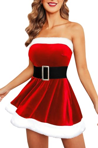 Avidlove Women's Mrs.Claus Christmas Costume Outfit Santa Sleeveless Velvet Xmas Winter Dress