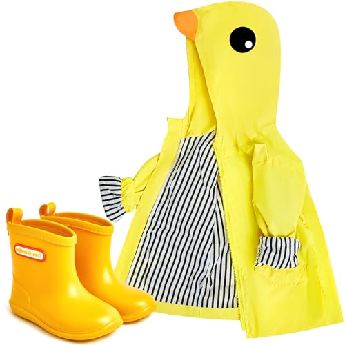 Twistover 2 Pcs Toddler Raincoat Rain Boots Set Kids Girls Duck Cartoon Zipper Jacket Short Rain Shoes for Baby Boys(Yellow Duck, 1 T)