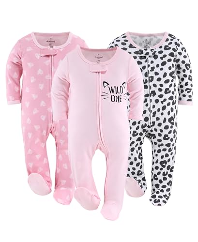 The Peanutshell Footed Sleepers for Baby Girls, Cheetah & Pink Hearts, Newborn to 12 Month (Newborn)