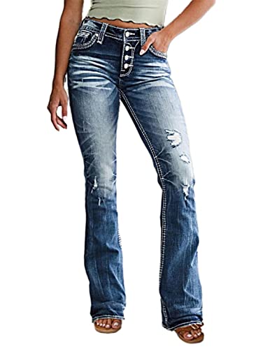 Flamingals Distressed Jeans for Women Mid Waist Ripped Flare Jeans Denim Pants 2023 Trendy Navy Blue L