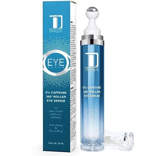 Dongyu 5% Caffeine Eye Serum and Under Eye Roller Cream for Dark Circles and Puffiness, Caffeine Eye Cream with 360° Massage Ball Reduce Wrinkles and Fine Lines, Bags under eyes