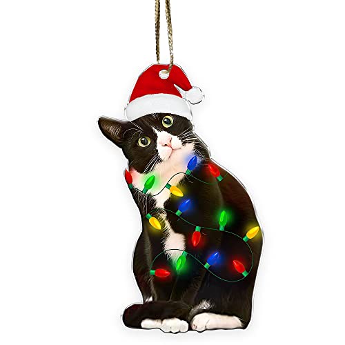 Tuxedo Cat Halloween Ornaments - Black and White Cat Christmas - Bicolor Xmas Ornaments - Tuxedo Christmas Tree Hanging - Personalized Cat Name by Customer Marker Christmas Ornament