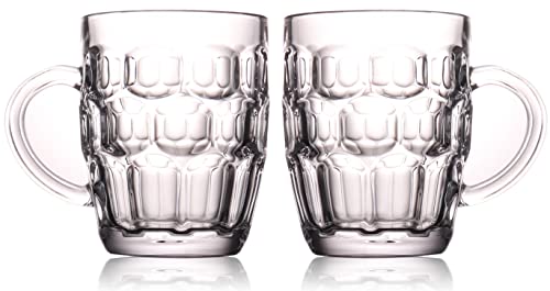 BothEarn 1 Pint Dimpled Beer Mug Set of 2 - Heavy British Pub Thick Glass with Handle - Stein Cup for Beer Lover in Home Party BBQ