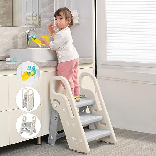 Onasti Foldable Step Stool for Bathroom Sink, Adjustable 3 Step Stool for Kids Toilet Potty Training Stool with Handles, Child Kitchen Counter Stool Helper, Plastic Ladder for Toddlers Grey