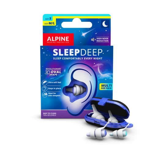 Alpine SleepDeep Multisize - Soft Ear Plugs for Sleeping and Concentration - New 3D Oval Shape and Noise Reducing Gel for Better Attenuation - 27dB - for Side Sleeper - 2-Pair Reusable: S + M/L