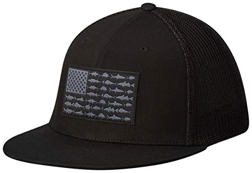 Columbia Unisex PFG Mesh Flat Brim Ball Cap, Black/Fish Flag, L/XL