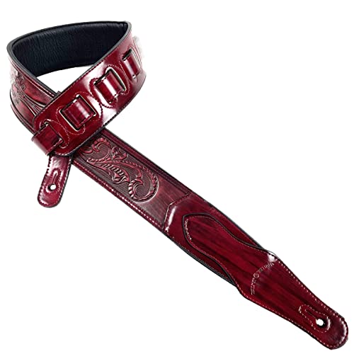 Walker And Williams LIC-18 Red Mahogany Leather Guitar Strap With Weathered Tooled Christian Cross For Acoustic, Electric, And Bass Guitars
