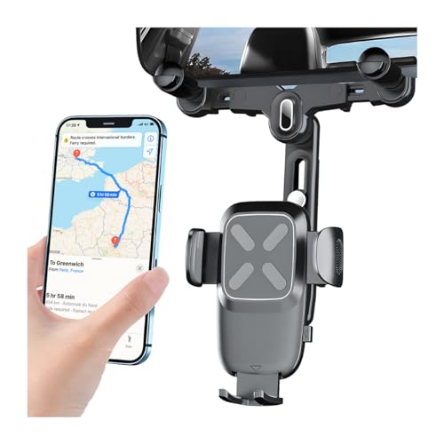 BESULEN Car Rear View Mirror Phone Holder, 360° Rotatable&Retractable Auto Rearview Clip Mobile Mount Holder, Multifuctional GPS Holder with Anti-Shake Design, Universal for All Phone&Cars (Black)