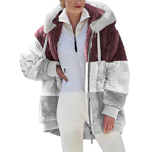 Prime Deal of The Day Today Only Colorblock Fuzzy Jacket for Women Plussize Sherpa Jacket Zip Up Hoodie Winter Casual Warm Jacket Going Out Outerwear Red