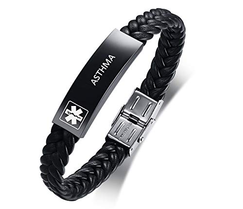XUANPAI Personalized Custom Medical Alert Emergency Braided Leather Wristband ICE ID Bracelet for Men Boys,8.4'