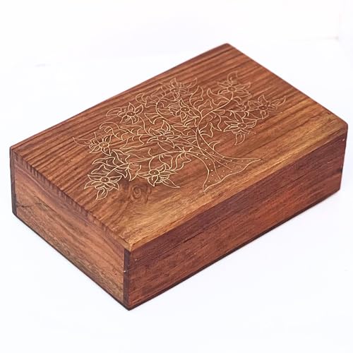 collectiblesBuy Handmade Wooden Box Hinged Lid Brown keepsake Unfinished Jewelry and DIY Crafts Storage Box for Women Jewel Organizer Golden Floral Print Decorative Wood Stash Boxes Walnut Finish