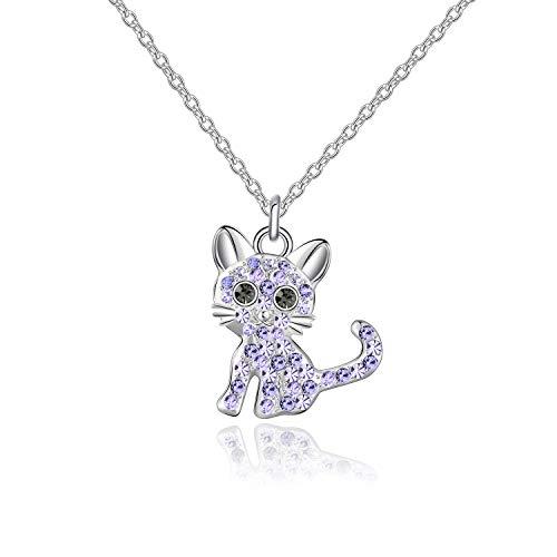 luomart Girls Cat Birthstone Necklaces Jewelry,Silver Plated Kitty Dog Pendant Gifts Set for Women Boys Men (Girls Amethyst)