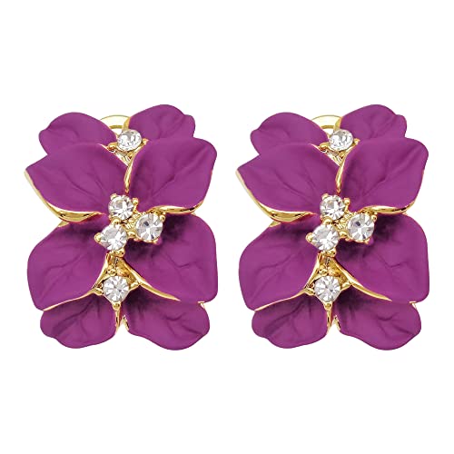 Navachi 18k Gold Plated White Crystal Rose Red Enamel Leaves Flower Az1438 Omega Back Earrings