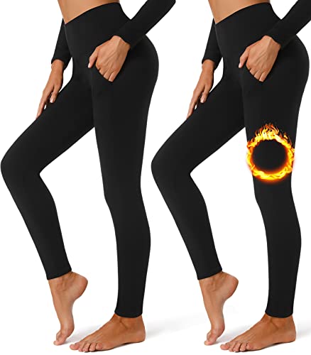 FULLSOFT 2 Pack Fleece Lined Leggings with Pockets for Women High Waisted Thermal Winter Yoga Pants for Workout Running(Black,Black(2 Pack),Large-X-Large)
