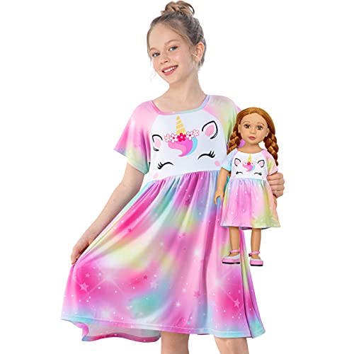 Play Tailor Doll and Girl Matching Nightgown Unicorn Outfit Pajamas Night Dress for Girls and 18' Dolls Clothes (Doll Not Included), 4-5T, Colorful Purple