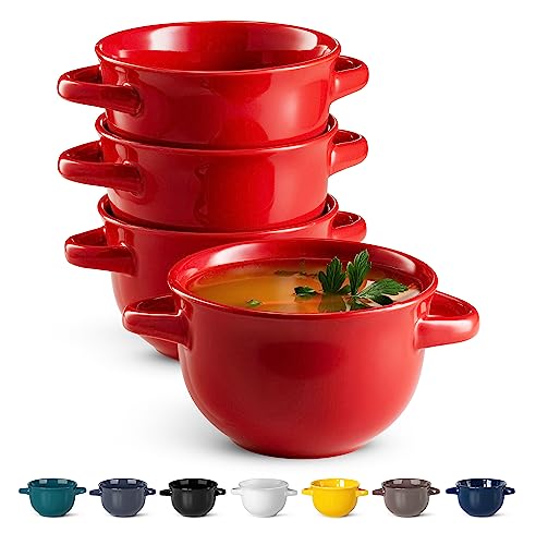 Kook French Onion Soup Crocks with Handles, Ceramic Bowls, for Rice, Dessert, Pasta, Dishwasher, Microwave, Oven & Broil Safe, Set of 4, 18 oz, (Red)