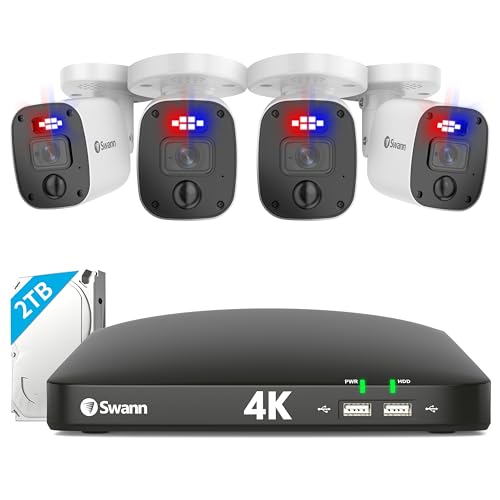 Swann 4K HD Security Camera System, 8 Channel DVR with 2TB,4 Indoor/Outdoor Wired 8MP Bullet Cameras, 24/7 Home Surveillance, Color Night Vision, IP66 Weatherproof, True Detect, Spotlights & Sirens