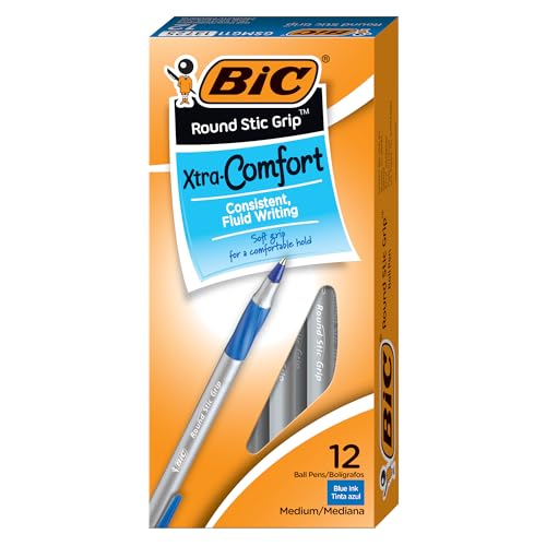 BIC Round Stic Grip Xtra Comfort Blue Ballpoint Pens, Medium Point (1.2mm), 12-Count Pack, Excellent Writing Pens With Soft Grip for Superb Comfort and Control