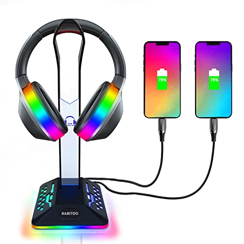 BABITOO RGB Headphone Stand, 2 USB Charging Ports and 1 Type-C Charging Port, Desk Gaming Headset Holder, 7 Light Modes and Silicone Non-Slip Base，Suitable for All Headphone Accessories