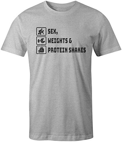 9 Crowns Tees Sex Weights and Protein Shakes Funny Gym Rat Tee (Unisex Grey, Medium)