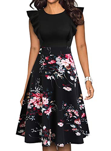 YATHON Women's Vintage Ruffle Floral Flared A Line Swing Casual Cocktail Party Dresses (XL, YT001-Black Floral P2)