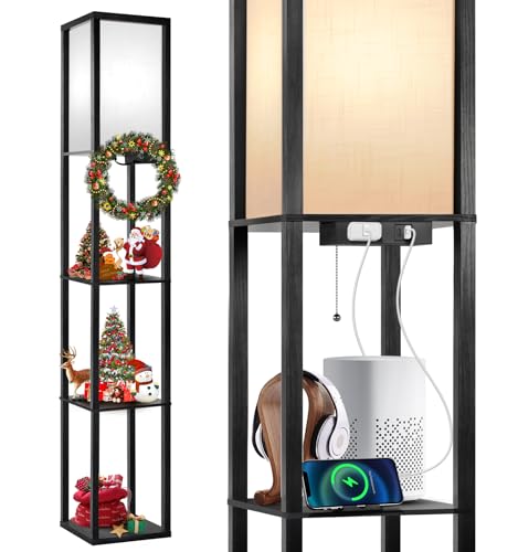 OUTON Floor Lamp with Shelves, LED Shelf Floor Lamp with 1 USB & 1 Type C Ports, 1 AC Outlet, 3 Color Temperature, Storage Display Wood Column Tall Standing Lamp for Living Room, Bedroom Office, Black