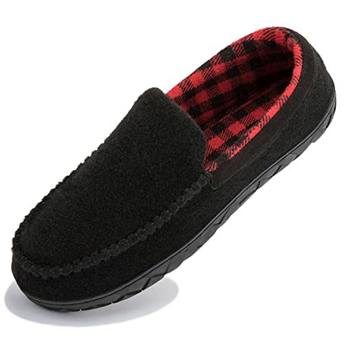 NewDenBer Men's Warm Memory Foam Moccasin Slippers Soft Lined Felted Wool Slip on Indoor Outdoor House Shoes (10.5 D(M) US, Black Red)