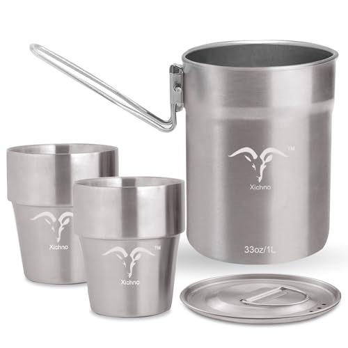 Xichno Stainless Steel CookSet with Lid & Handle 33oz 1 Pot with 2 Double Wall Cups for Hiking Camping BPA Free Portable & Durable Premium Metal Cooking Pot