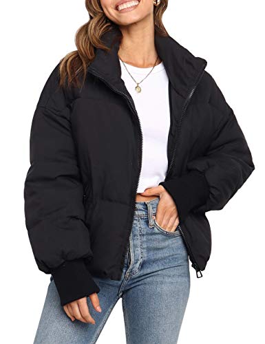 MEROKEETY Women's 2023 Winter Long Sleeve Zip Puffer Jacket Pockets Baggy Short Down Coats,Black,M
