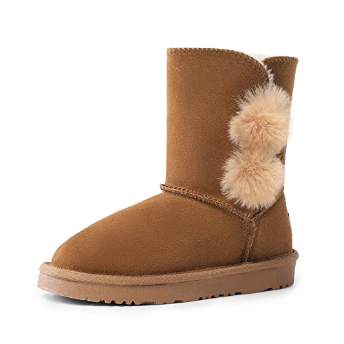 DREAM PAIRS Boys Girls Shorty-Pompom Sand Sheepskin Fur Winter Snow Boots Chesnut Size 4 Big Kid