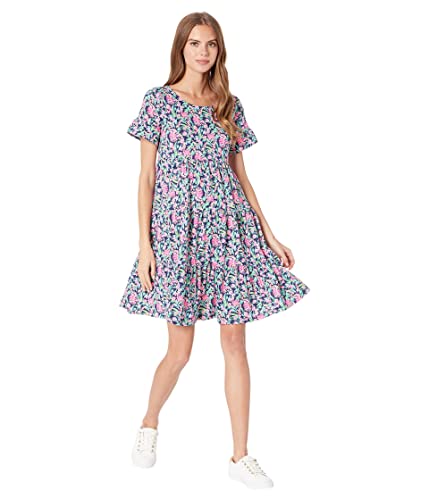 Lilly Pulitzer Jodee Dress for Women - Cotton Dress with Ruffle Details, Short-Sleeve Coverage, Round Neckline, and Straight Hemline Low Tide Navy Garden Variety 2XL One Size
