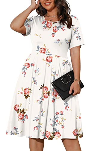 POSESHE Womens Plus Size Dresses for Summer Casual Flowy Soft Dresses Stretchy Floral Dresses with Pockets,Rose Leaf,2XL