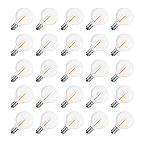 Meconard G40 Led Replacement Light Bulbs, E12 Screw Base Shatterproof Globe Bulbs for Outdoor String Lights, 1Watt Equvalent to 5 Watt Incandescent Bulbs,Warm White, 25Pack