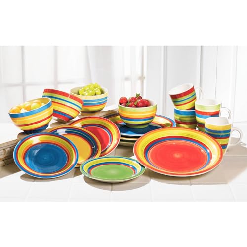 BrylaneHome Santa Fe 16-pc Hand-Painted Stoneware Dinnerware Set | Service for 4 | Southwestern Fiesta - Multi Stripe