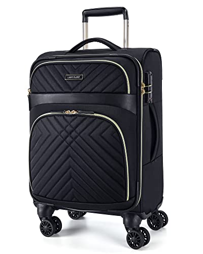 LIGHT FLIGHT Carry On Luggage 22x14x9 Airline Approved, Softside Suitcase with Spinner Wheels 20 Inch Small Lightweight Carry-on Luggage with Front Pockets, Women Men Business Travel (Black)