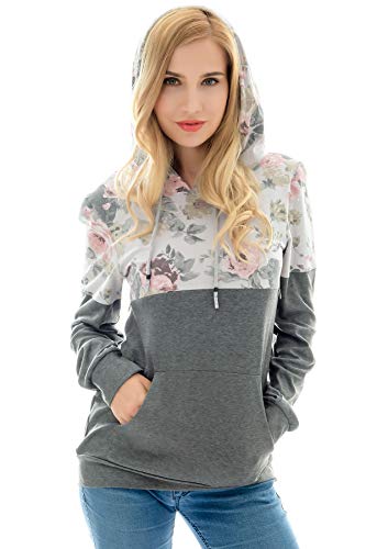 Bearsland Women's Maternity Breastfeeding Sweater Hoodie Nursing Sweatshirt with Pockets,grayflower,L