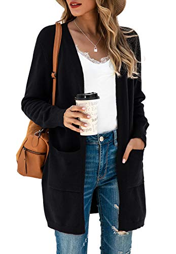 TASAMO Women's Loose Open Front Long Sleeve Solid Color Knit Cardigans Sweater Blouses with Packets (X-Large,Black)