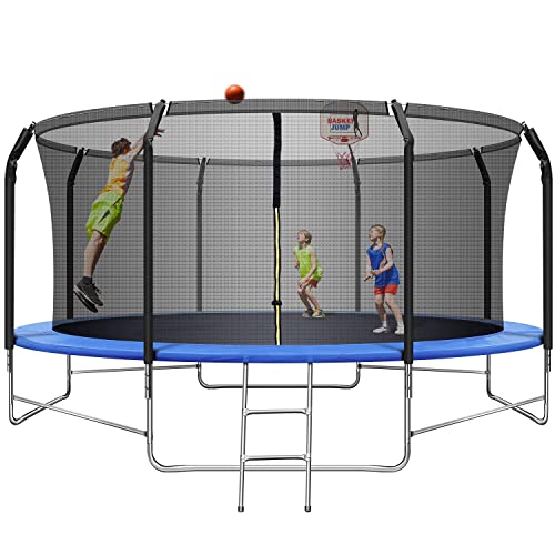 14FT Trampoline with Balance Bar & Basketball Hoop, 1.4MM Thickened Recreational Trampoline for Adults & Kids, ASTM Approved Reinforced Type Outdoor Trampoline with Enclosure Net