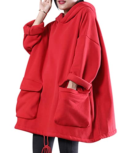 YESNO Casual Loose Fleece Hoodies for Women Oversized Hooded Sweatshirt Drawstring with Large Pockets 3XL WZF Red