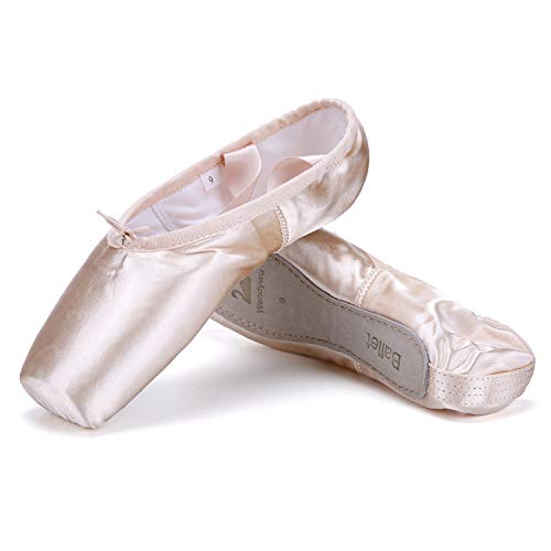 WENDYWU Professional Ballet Pointe Shoes for Kids Girl and Ladies Pink PU Soled Ballet Pointe Dance Shoes with Toe Pads (Pink,9)